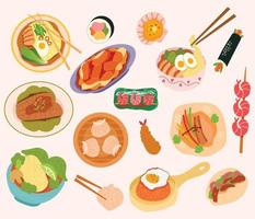 asiático tradicional cocina. chino, japonés, coreano alimento. menú diseño con fideos, sopa miso, Sushi y conjunto de tradicional platos. mano dibujado vector ilustración.
