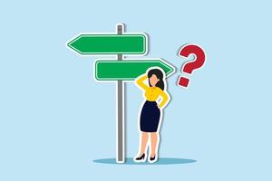 Choosing between 2 choices, make decision to the left or right, thinking in difficult situation, confusion concept, businesswoman thinking with question mark choose between 2 direction with copy space vector