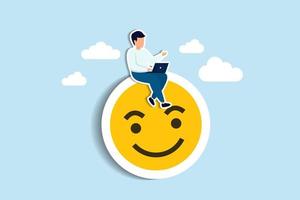 Work happiness or job satisfaction, passion or enjoyment working with company, employee wellbeing concept, happy businesswoman working with computer on smiling face. Paper Cut Style vector