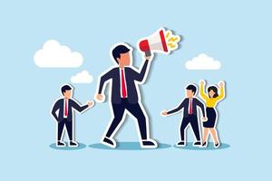 Dominant leader, bossy manager using authority power to order and control employee to work, contrast and conflict management concept, giant businessman manager using megaphone to order employee vector