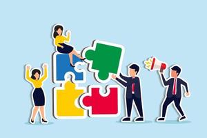 Employee improve involvement employee success together, increase value and workplace motivation, happy business people, employees help complete jigsaw with lleader's instructions in office vector