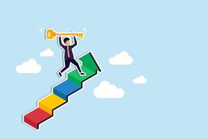 Key to business success, stairway to find secret key or achieve career target concept, businessman winner walk up to top of stairway lifting golden success key to the sky. Paper Cut Style vector