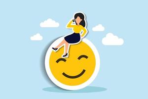 Work happiness or job satisfaction, passion or enjoyment working with company, employee wellbeing concept, happy businesswoman working with handphone on smiling face. Paper Cut Style vector