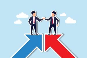 Cooperation partnership, work together for success, team collaboration, agreement or negotiation, collaborate concept, businessmen handshake on growth arrow joining connection agree to work together vector