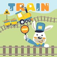 vector cartoon of funny rabbit with steam train