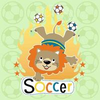 vector cartoon of funny lion in soccer attraction on ball background pattern