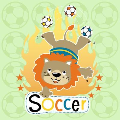 vector cartoon of funny lion in soccer attraction on ball background pattern