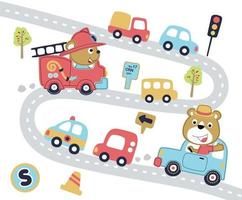 Funny bear driving car in city road, vector cartoon illustration