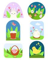 Set spring easter cute animal characters and garden elements. Cartoon easter bunny, eggs in basket, flowers, easter cake, chickens and birds. vector