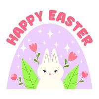 Spring easter cute bunny with flowers and sparks. Cartoon rabbit, Happy Easter. Vector illustration for print, stickers, banner, poster, card.