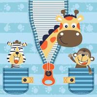 funny giraffe come out from zipper, zebra with monkey in pocket. Vector cartoon illustrationfunny giraffe come out from zipper, zebra with monkey in pocket. Vector cartoon illustration