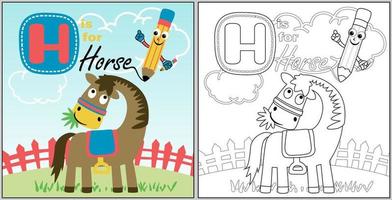 Vector cartoon of funny horse with pencil in garden, coloring book or page