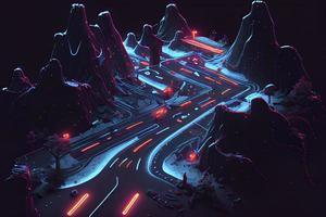 Roadmap design, neon glowing, forward movement, dark environment created photo