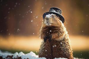 Groundhog covered in snow on Groundhog Day photo