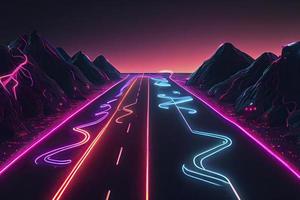 Roadmap design, neon glowing, forward movement, dark environment created photo