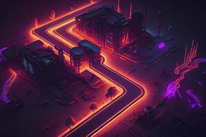 Roadmap design, neon glowing, forward movement, dark environment created photo