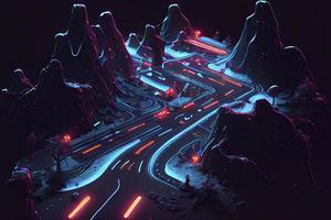 Roadmap design, neon glowing, forward movement, dark environment created photo