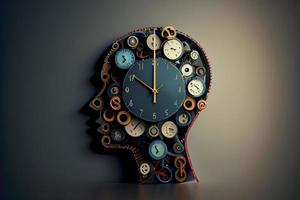 Time to plan and implement business concept, action group of clocks in the shape of a human head with a winding key with 3D rendering elements photo