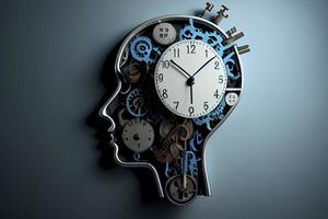 Time to plan and implement business concept, action group of clocks in the shape of a human head with a winding key with 3D rendering elements photo