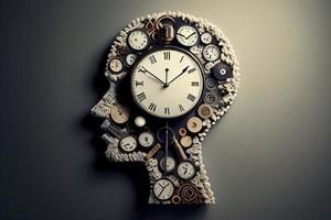 Time to plan and implement business concept, action group of clocks in the shape of a human head with a winding key with 3D rendering elements photo