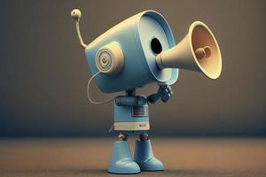 Online marketing idea featuring a little, adorable robot holding a megaphone without its legs photo