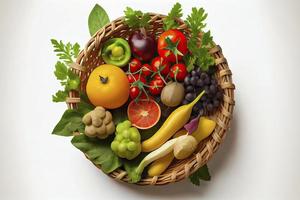 Healthy food in a basket, studio shot of different fruits and vegetables isolated on a white background photo