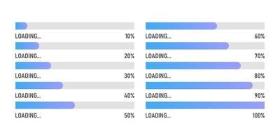 Set of blue gradient loading bar with percentage, vector illustration