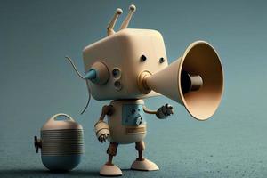 Online marketing idea featuring a little, adorable robot holding a megaphone without its legs photo