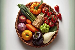 Healthy food in a basket, studio shot of different fruits and vegetables isolated on a white background photo