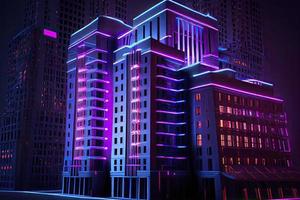 Neon background. Building with neon illumination. City background photo