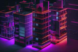 Neon background. Building with neon illumination. City background photo