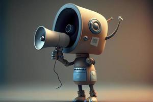 Online marketing idea featuring a little, adorable robot holding a megaphone without its legs photo