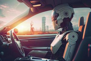 Humanoid robot driving autonomous car, future technology concept photo
