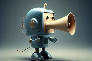 Online marketing idea featuring a little, adorable robot holding a megaphone without its legs photo