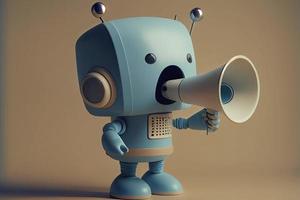 Online marketing idea featuring a little, adorable robot holding a megaphone without its legs photo