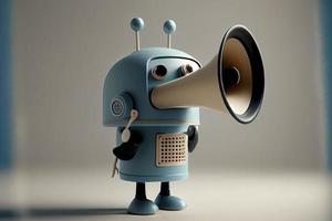 Online marketing idea featuring a little, adorable robot holding a megaphone without its legs photo