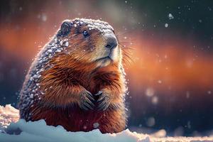 Groundhog covered in snow on Groundhog Day photo