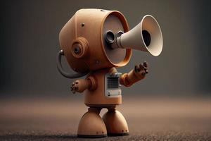 Online marketing idea featuring a little, adorable robot holding a megaphone without its legs photo