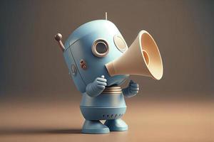 Online marketing idea featuring a little, adorable robot holding a megaphone without its legs photo