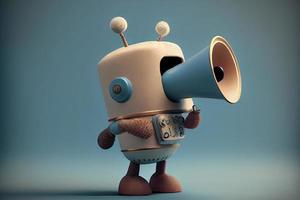 Online marketing idea featuring a little, adorable robot holding a megaphone without its legs photo