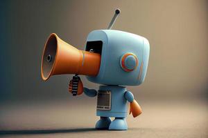 Online marketing idea featuring a little, adorable robot holding a megaphone without its legs photo