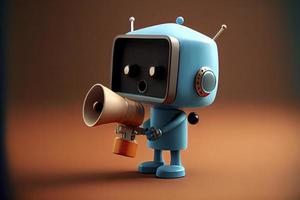 Online marketing idea featuring a little, adorable robot holding a megaphone without its legs photo