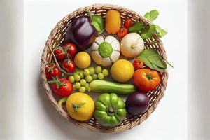 Healthy food in a basket, studio shot of different fruits and vegetables isolated on a white background photo