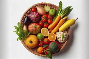 Healthy food in a basket, studio shot of different fruits and vegetables isolated on a white background photo