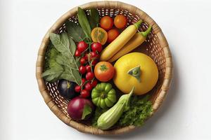 Healthy food in a basket, studio shot of different fruits and vegetables isolated on a white background photo