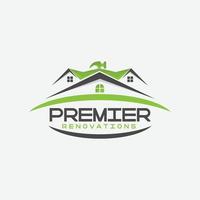 house premier renovations logo with roof and hammer vector
