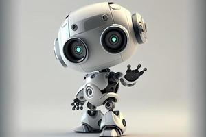 Cute robot on a white backdrop with a pointing hand and a winking eye. technological idea photo