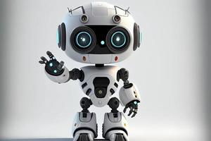 linda robot en un blanco fondo con un señalando mano y un parpadeo ojo. tecnológico idea foto