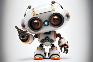 Cute robot on a white backdrop with a pointing hand and a winking eye. technological idea photo