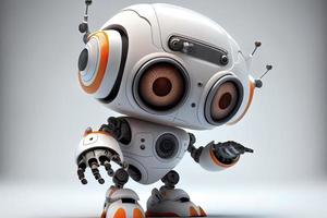 Cute robot on a white backdrop with a pointing hand and a winking eye. technological idea photo